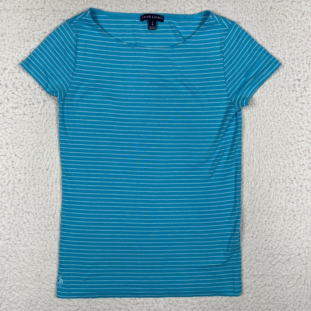 Ralph Lauren T-Shirt Womens Large Blue Striped Boat Neck Nautical Short Sleeve